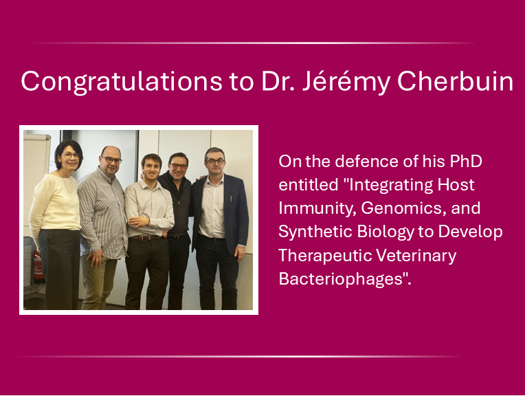 Dr. Jérémy Cherbuin pictured (middle) with his supervisor Prof. Dr. Jörg Jores and the Examiners who represented the Graduate School for Cell Biology and Biomedical Science at the defence. .